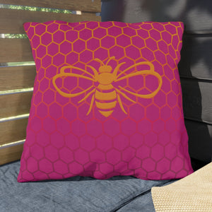 throw pillow with 'Honeycomb Bee Reversible Pink & Orange' design