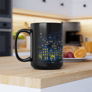 mug with 'Starry Night Amsterdam Art' graphic on a white background