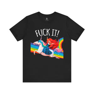 White t-shirt with 'Rainbows & Unicorns Funny' design on a white background