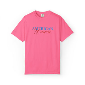 Pink t-shirt with 'American Woman' text on a white background