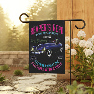 Garden flag with 'Grim Reapers Car Repo Halloween' design