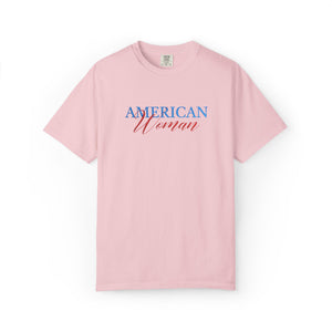 Pink t-shirt with 'American Woman' text on a white background