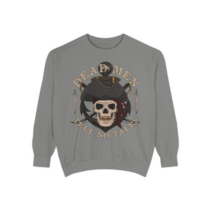 Light green sweatshirt with 'Dead Men Tell No Tales Pirate Skull' design on a plain background