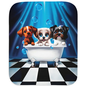 soft sherpa blanket with 'Puppy Bath Time' design