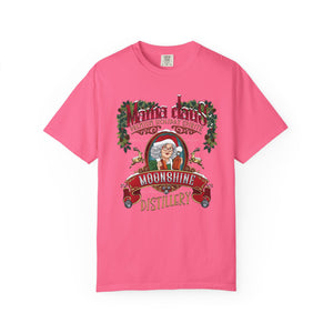 Pink t-shirt with Santa Claus and Moonshine Distillery graphic on a white background