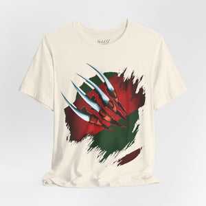 Silver t-shirt with 'Nightmare on Elm Freddy Halloween' design on a white background