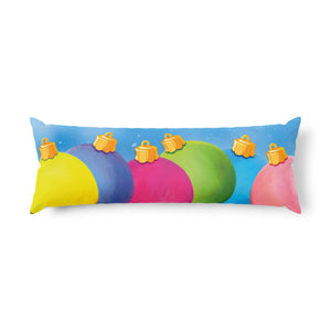 A long rectangular lumbar pillow featuring a colorful abstract design with yellow, blue, purple, pink, and green curved shapes on a light blue background, decorated with big pastel ornaments, shown on a plain white background.