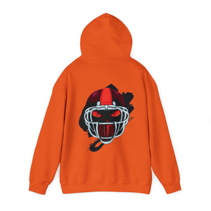Orange hoodie with 'Va Tech Football Sandman' design on a plain background