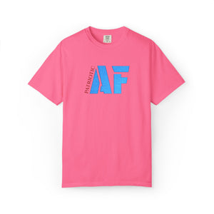 Pink t-shirt with blue and red text on a white background