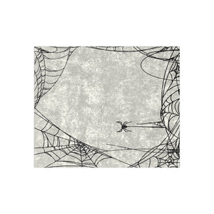 A square decorative print or panel featuring a distressed light gray center surrounded by black spiderwebs and web-like line patterns along the edges, with a small spider illustration near the lower center.
