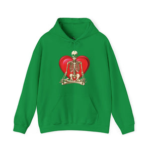 Red hoodie with 'Namaste Skeleton Yoga Halloween' design on a plain background