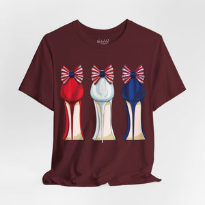 Dark gray t-shirt with 'Patriotic Fashion July 4th' design on a white background