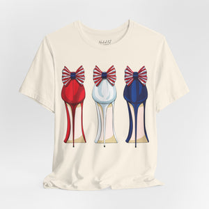 Red t-shirt with 'Patriotic Fashion July 4th' design on a white background