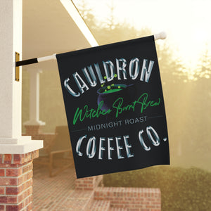 Garden flag with 'Witches Cauldron Coffee Company Halloween' design