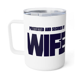mug with 'Wife Security Funny Husband Insulated Travel 10oz' graphic on a white background
