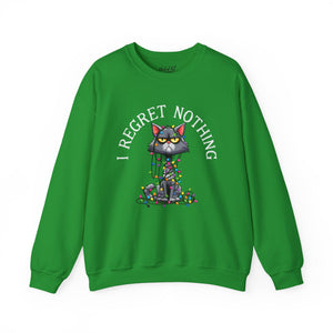 Bright green sweatshirt with a graphic of a cat tangled in Christmas lights and text the says 'I Regret Nothing'.