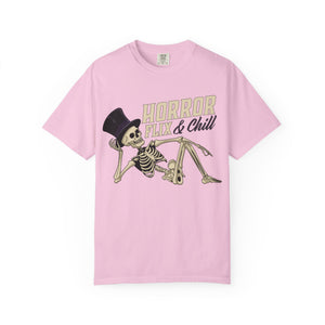 Orchid t-shirt with 'Horror Flix & Chill Skeleton Halloween' design on a white background