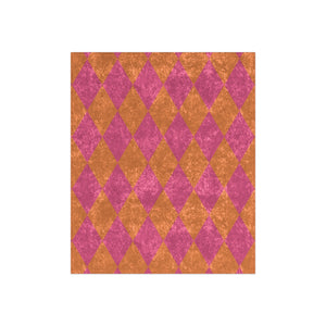 Harlequin pattern with pink and orange diamonds on a white background