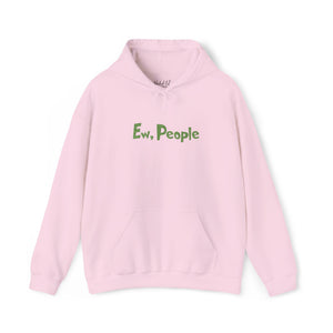 Pink hoodie with 'Ew, People' text on a white background