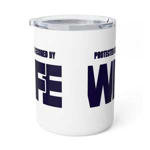 mug with 'Wife Security Funny Husband Insulated Travel 10oz' graphic on a white background