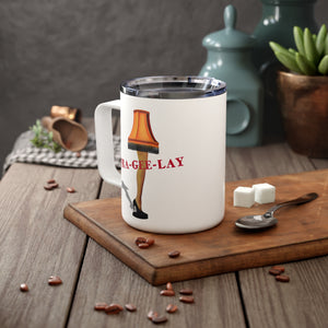 mug with 'Leg Lamp Christmas Story Insulated Travel 10oz' graphic on a white background