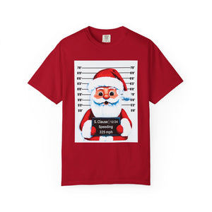 Red t-shirt with a graphic of Santa Claus holding a speedometer on a white background