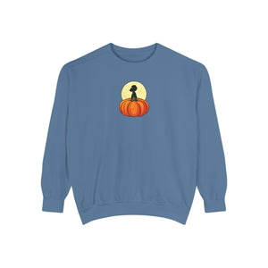 White sweatshirt with 'Great Pumpkin Halloween Fall' design on a plain background