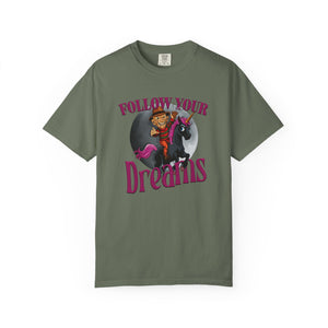 Green  Halloween t-shirt with Freddy Kreuger on a black unicorn graphic and 'Follow Your Dreams' text on a white background