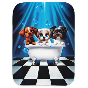 soft sherpa blanket with 'Puppy Bath Time' design