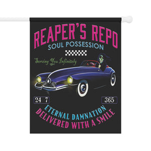 Garden flag with 'Grim Reapers Car Repo Halloween' design