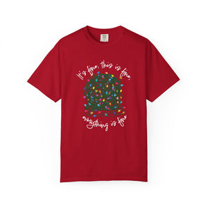 red t-shirt with a graphic of a tangled ball of lights with text It's fine, this is fine, everything is fine.