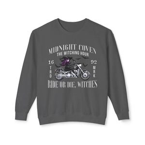 Black sweatshirt with 'Ride or Die Witches Halloween' design on a plain background