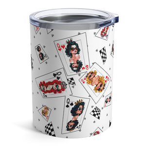 mug with 'Deck of Cards Queens Insulated Travel 10oz' graphic on a white background