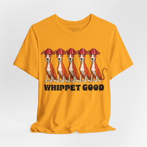 Red t-shirt with 'Whippet Good Devo 80's Music Funny' design on a white background