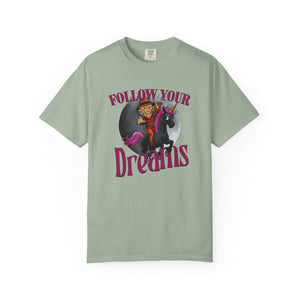 Light green Halloween t-shirt with Freddy Kreuger on a black unicorn graphic and 'Follow Your Dreams' text on a white background