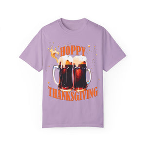 Periwinkle t-shirt with 'Beer Lovers Funny Thanksgiving' design on a white background