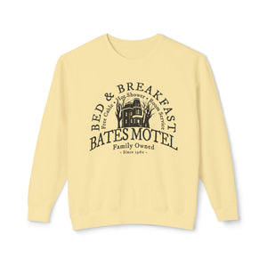 Ivory sweatshirt with 'Bates Motel Halloween Fall' design on a plain background