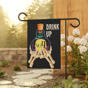 Garden flag with 'Drink Up Love Potion Skeleton Halloween' design