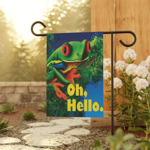 Garden flag with 'Oh Hello Frog Funny' design