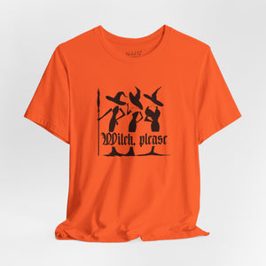 Orange t-shirt with witch graphic and 'Witch Please' text on a white background