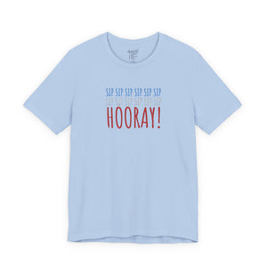 Light blue t-shirt with embroidered red white and blue text design on a white background