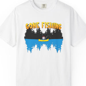 White t-shirt with 'Gone Fishing' graphic design on a white background