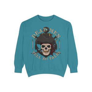True navy sweatshirt with 'Dead Men Tell No Tales Pirate Skull' design on a plain background