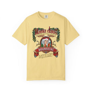 Yellow t-shirt with a festive design featuring Santa Claus and text on a white background