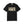Black t-shirt with colorful graphic design on a white background