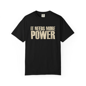 Black t-shirt with colorful graphic design on a white background