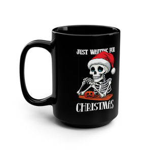 mug with 'Just Waiting For Christmas Funny Halloween' graphic on a white background