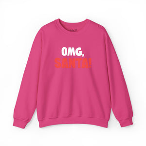 Pink sweatshirt with red and white embroidered text 'Omg, Santa!'