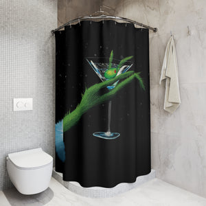 Shower curtain with 'Grinch Christmas Bath' pattern in a bathroom setting