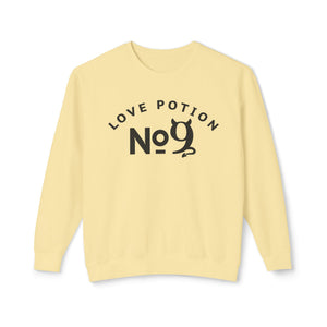 Grey sweatshirt with 'Love Potion No 9 Halloween' design on a plain background